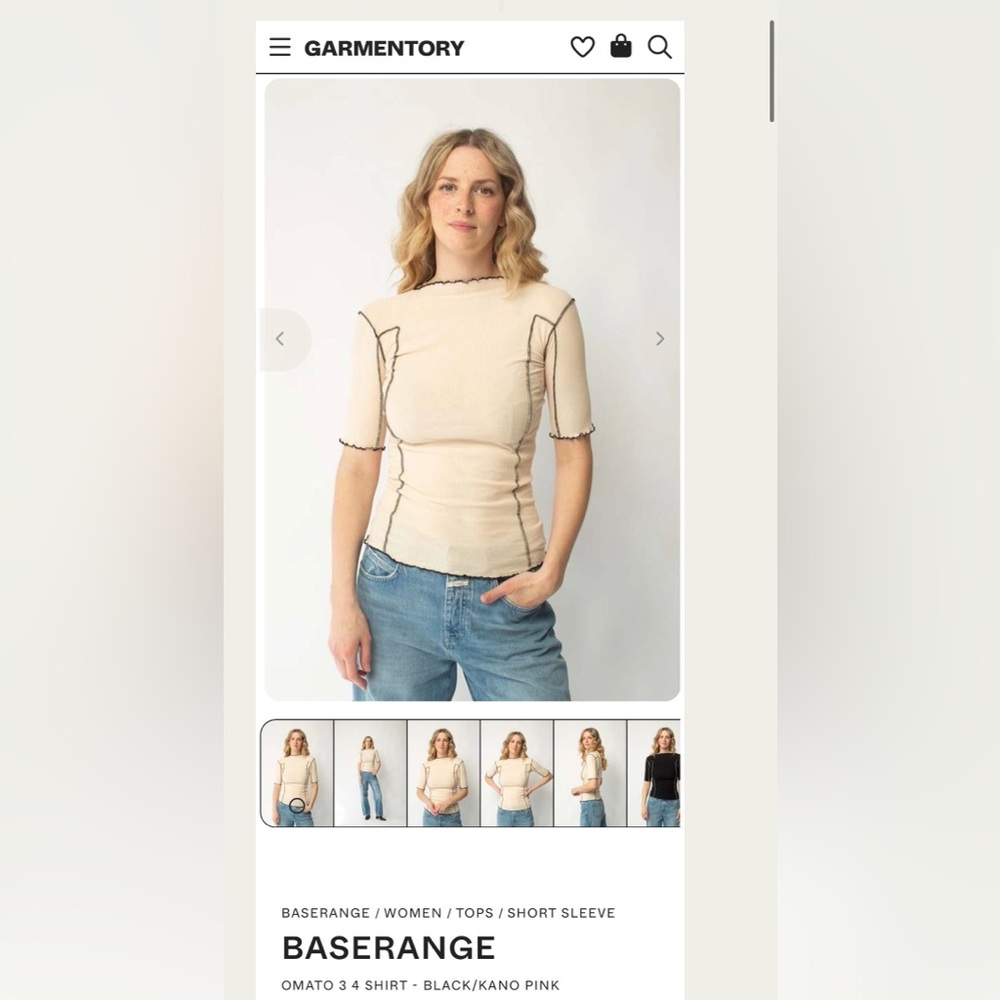 Baserange Omato Shirt in Kano Pink 91% cotton 9% elastane cream with black trim